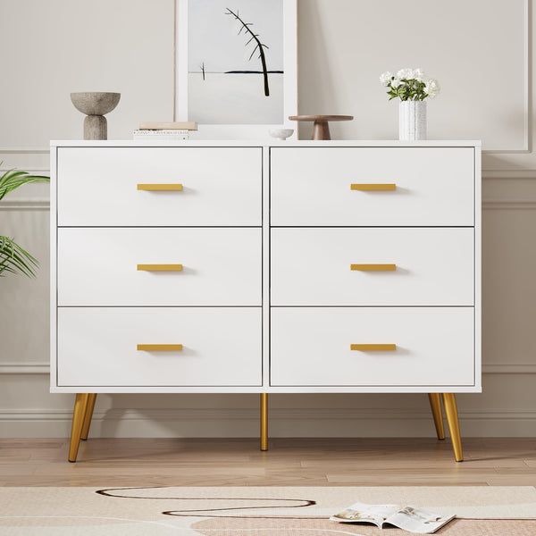 6-Drawer Dresser with Gold Handles | Modern Wooden Chest for Bedroom