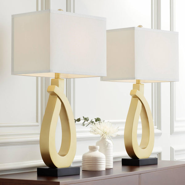 Gold USB Table Lamps Set of 2 with Rectangular Shade