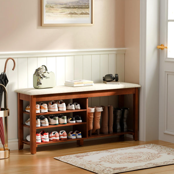Entryway Shoe Bench with Flip-Top Storage, Cushion & Adjustable Shelves