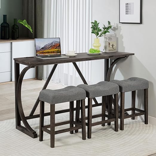4-Piece Bar Table Set with USB Port & Upholstered Stools