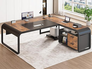 61 Inch L-Shaped Executive Desk with File Drawer, Power Outlets & CPU Stand