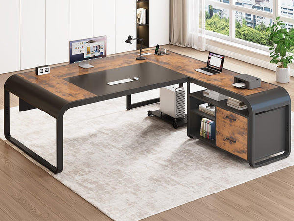 L-Shaped Executive Desk with File Drawer, Storage Shelves & Power Outlets