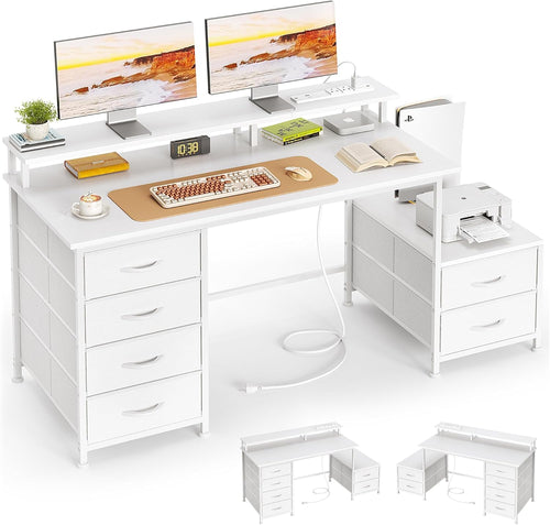 52-Inch Home Office Desk with Drawers, Printer Shelf & Power Outlets