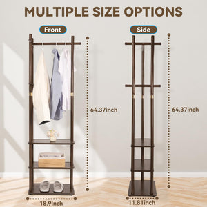 Wood Coat Rack with 3 Shelves and 5 Hooks