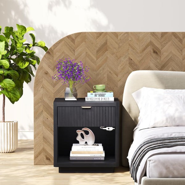 Nightstand Set of 2 with Charger Station and LED Sensor Light — Large Modern Fluted Night Stand