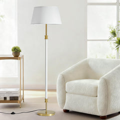 Mid-Century Floor Lamp with Linen Shade – 63" Tall, White & Brass