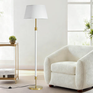 Mid-Century Floor Lamp with Linen Shade – 63" Tall, White & Brass
