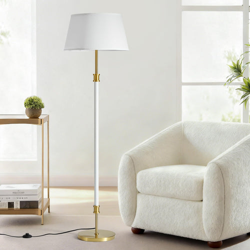 Mid-Century Floor Lamp with Linen Shade – 63" Tall, White & Brass
