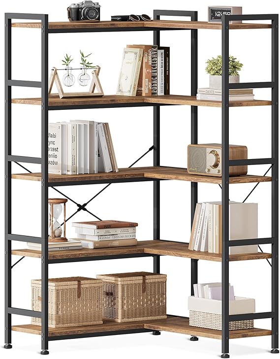 L-Shaped Corner Bookshelf with Metal Frame