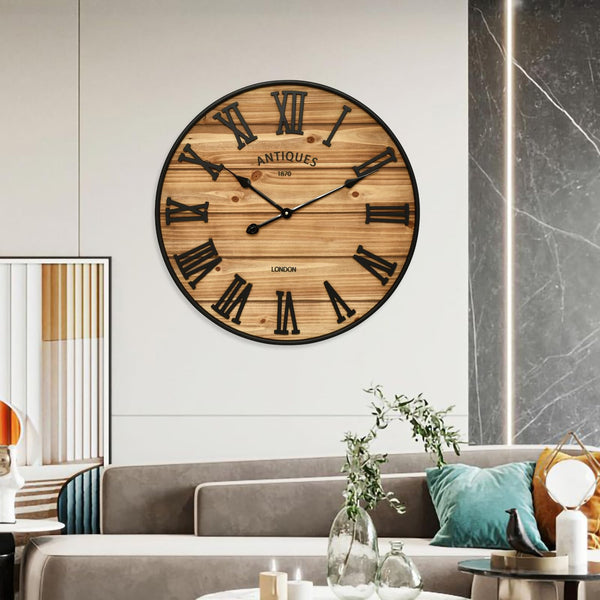 Farmhouse Wall Clock – Silent, Battery-Operated, Rustic Wood Finish