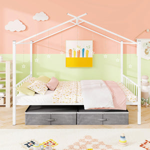 Full Size Metal House Bed with 2 Storage Drawers