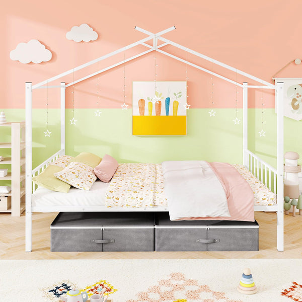 Full Size Metal House Bed with 2 Storage Drawers