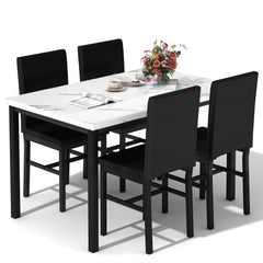 Dining Table Set for 4 with Faux Marble Top & Leather Chairs