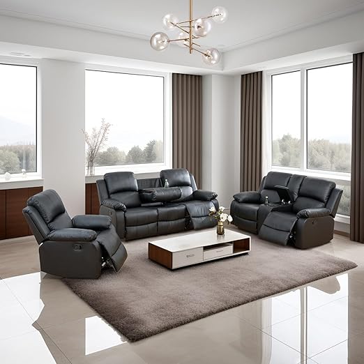 L-Shape Sectional Reclining Sofa Set with Drop-Down Table & Storage Console