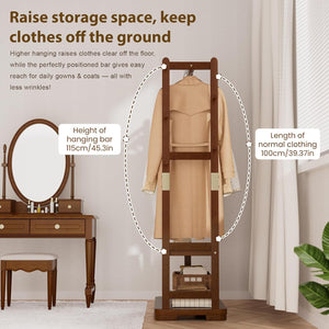 Solid Wood Coat Rack with 2 Shelves & 4 Hooks