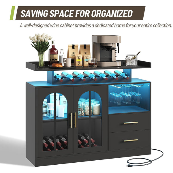 Wine Bar Cabinet with LED Lights & Charging Station