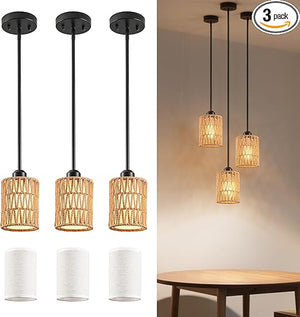 Rattan Boho Pendant Light with Linen Shade & Iron Rods | Adjustable Height
