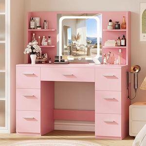 Makeup Vanity Desk with Smart LED Mirror, 7 Drawers & Power Station