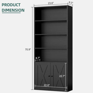 6-Shelf Bookcase with Doors – Metal & Wood Display Storage Shelf