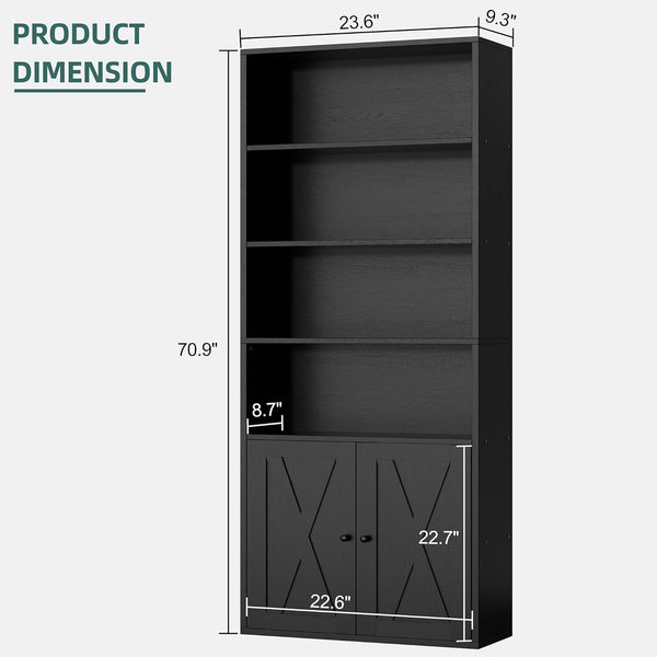 6-Shelf Bookcase with Doors – Metal & Wood Display Storage Shelf