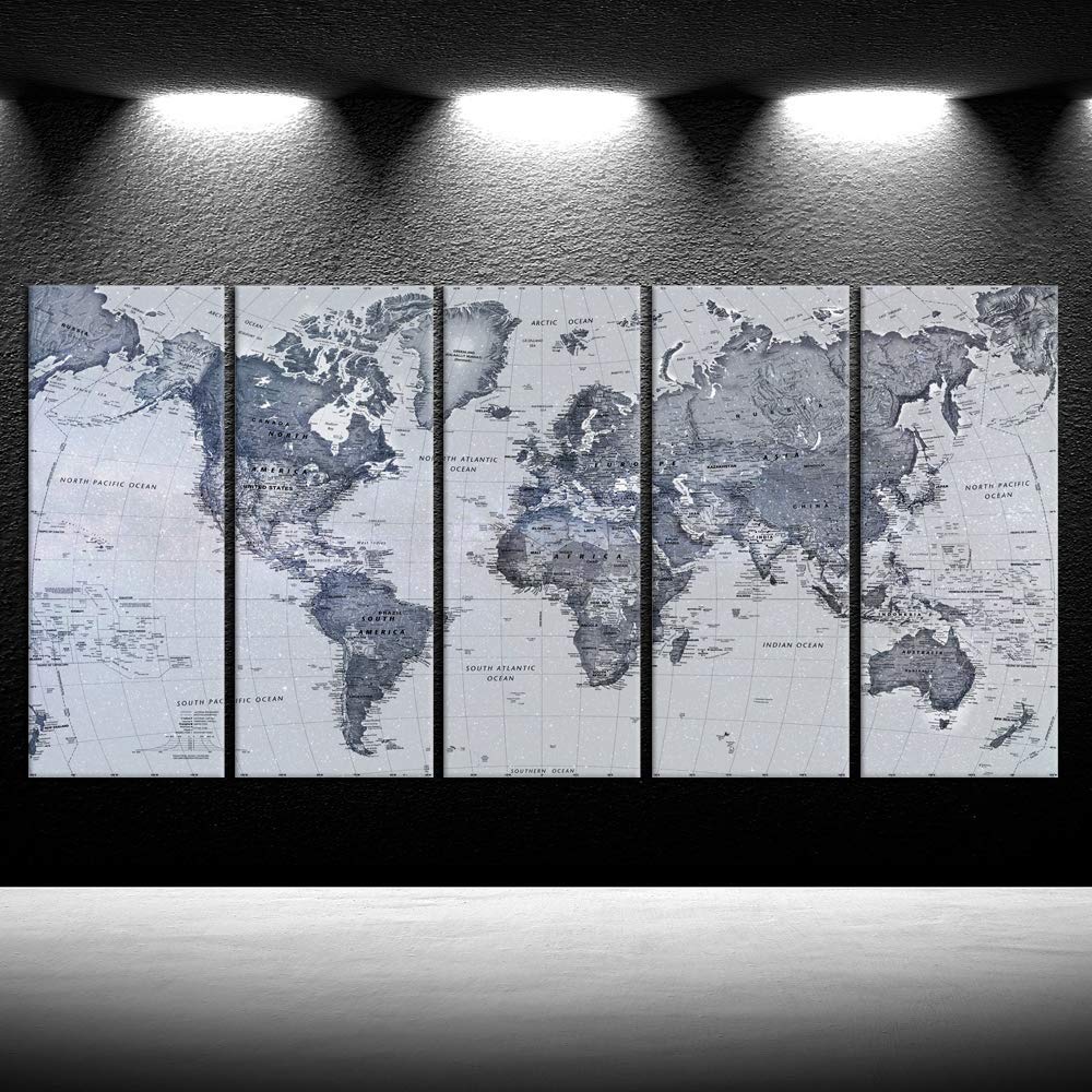 World Map Canvas Wall Art – 5 Panel Set 16x40in