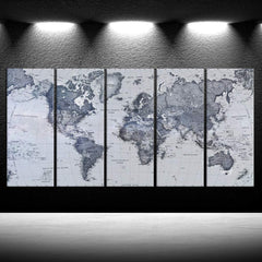 World Map Canvas Wall Art – 5 Panel Set 16x40in