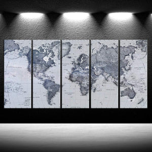 World Map Canvas Wall Art – 5 Panel Set 16x40in