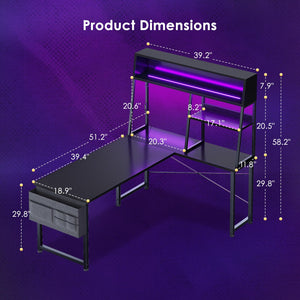 L-Shaped Gaming Desk with LED Lights and Display Shelves