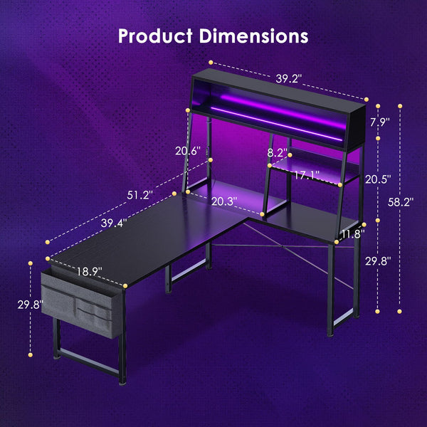 L-Shaped Gaming Desk with LED Lights and Display Shelves