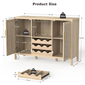 Rattan Wine Bar Cabinet with Glass Holder & Sideboard Storage