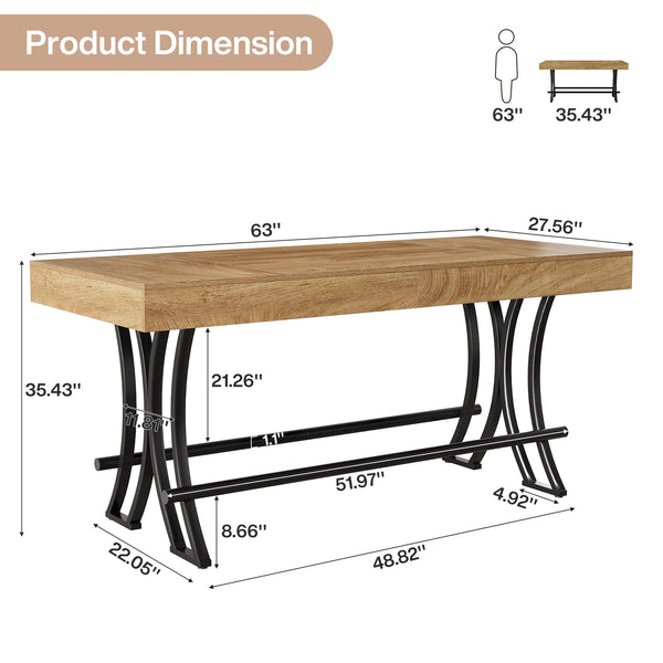 63" Counter Height Bar Table with Metal Footrest — Rustic Brown