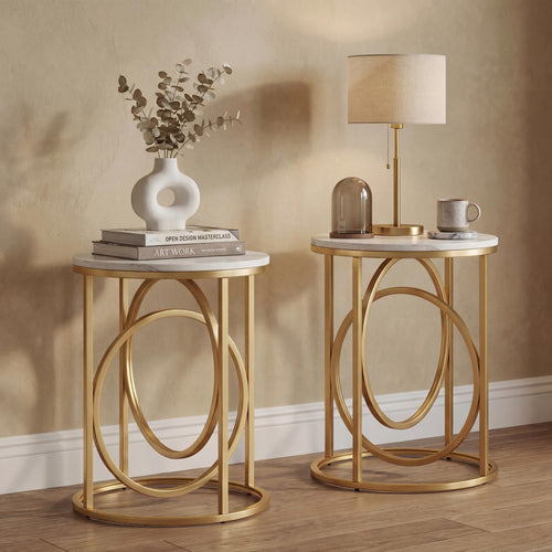 Round End Table Set of 2 with Gold O-Shaped Base