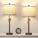 Adjustable Height Table Lamps Set of 2 – Modern Drum Shade with Pull Chain