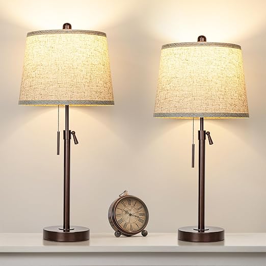 Adjustable Height Table Lamps Set of 2 – Modern Drum Shade with Pull Chain