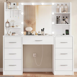 Vanity Desk with LED Mirror, Drawers & Charging Station