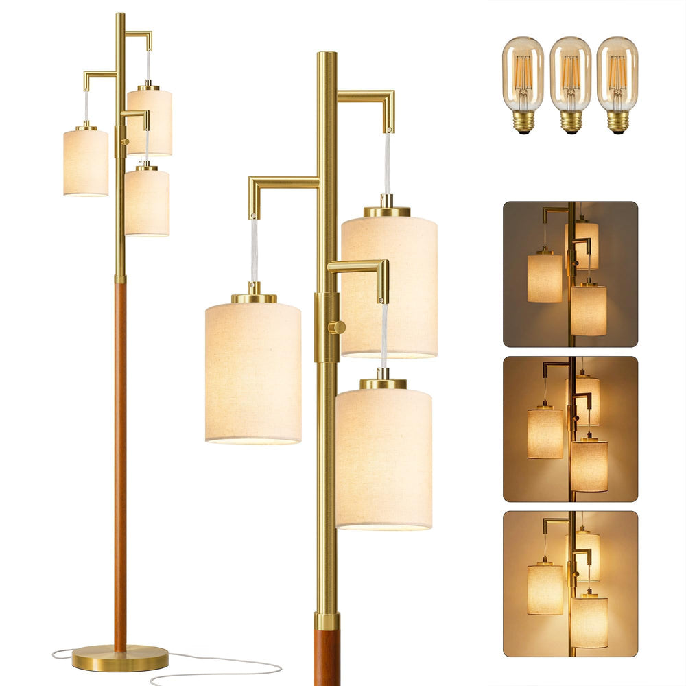 Dimmable Wood Floor Lamp with 3 Bulbs