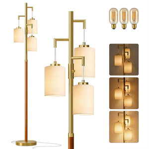 Dimmable Wood Floor Lamp with 3 Bulbs