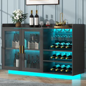 Wine Bar Cabinet with LED Lights, Glass Doors & Removable Wine Racks