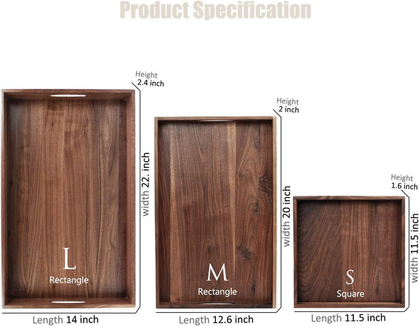 Walnut Wood Ottoman Serving Tray Set of 3 with Handles