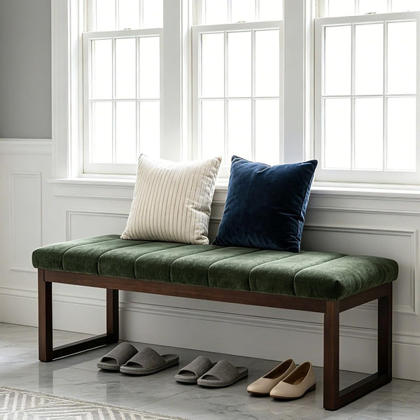 Chummaven 53'' Upholstered Chenille Entryway Bench, Channel Tufted End of Bed Bench Modern Ottoman with Walnut Wood Legs, Padded Window Bench with Storage for Bedroom, Living Room, Camel