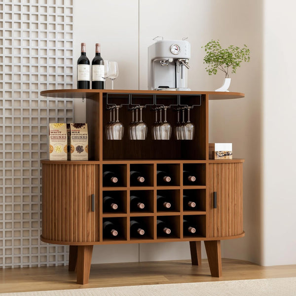 Wine Bar Cabinet with Sliding Tambour Door, Glass Shelves & 12 Wine Racks