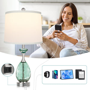 Coastal Glass Table Lamps Set of 2 – Dimmable Touch Control with USB Ports
