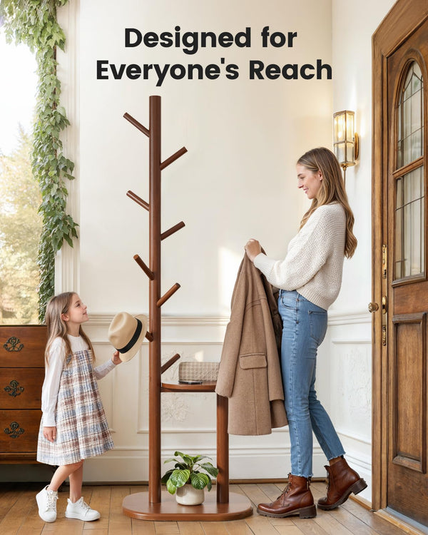 Freestanding Hall Tree Coat Rack with 8 Hooks & Storage Shelf