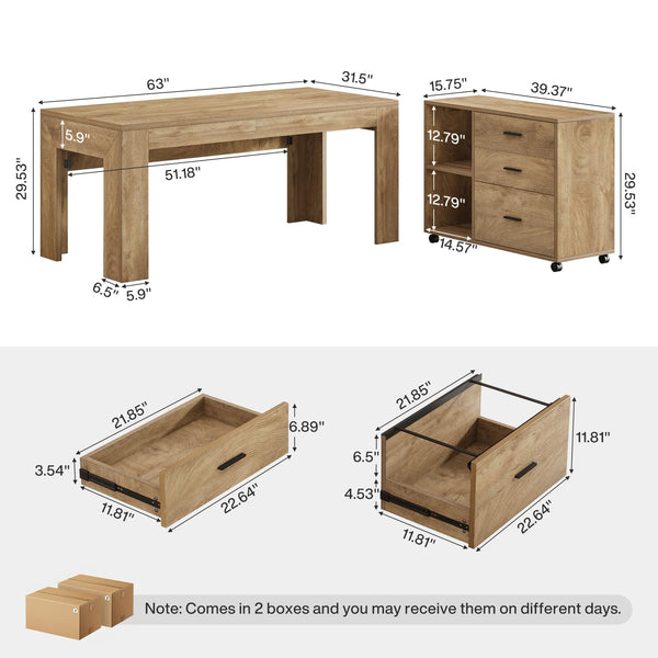 63" L-Shaped Executive Desk with File Cabinet, Drawers & Shelves