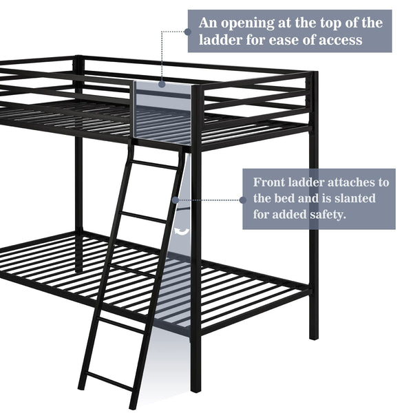 Twin Over Twin Metal Bunk Bed with Ladder and Guardrail