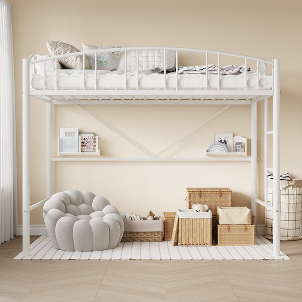 Metal Loft Bed Twin Size with Guardrail & Ladder