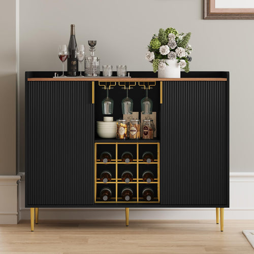 Wine Bar Cabinet with Fluted Panels, Wine Rack & Glass Holder