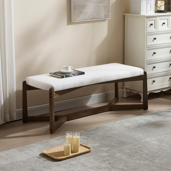 Mid-Century Modern Upholstered Bench with X-Shape Wood Base