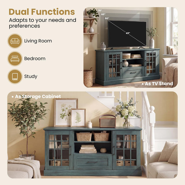 Farmhouse TV Stand 62 Inch with Storage Cabinets and Glass Doors