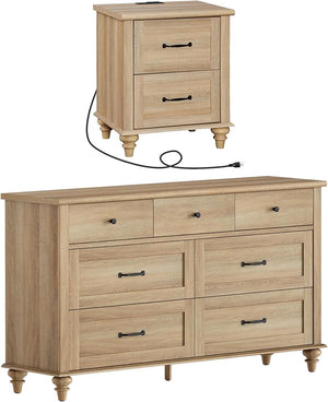3-Piece Bedroom Set – 7-Drawer Dresser & 2 Nightstands with Charging Station, Oak